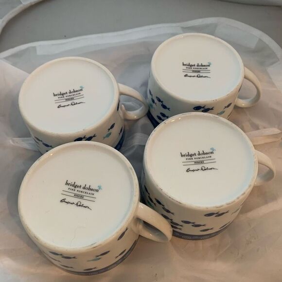 4 Small Bridget Dobson Pisces Fine Porcelain Cups *New* - Picture 4 of 6